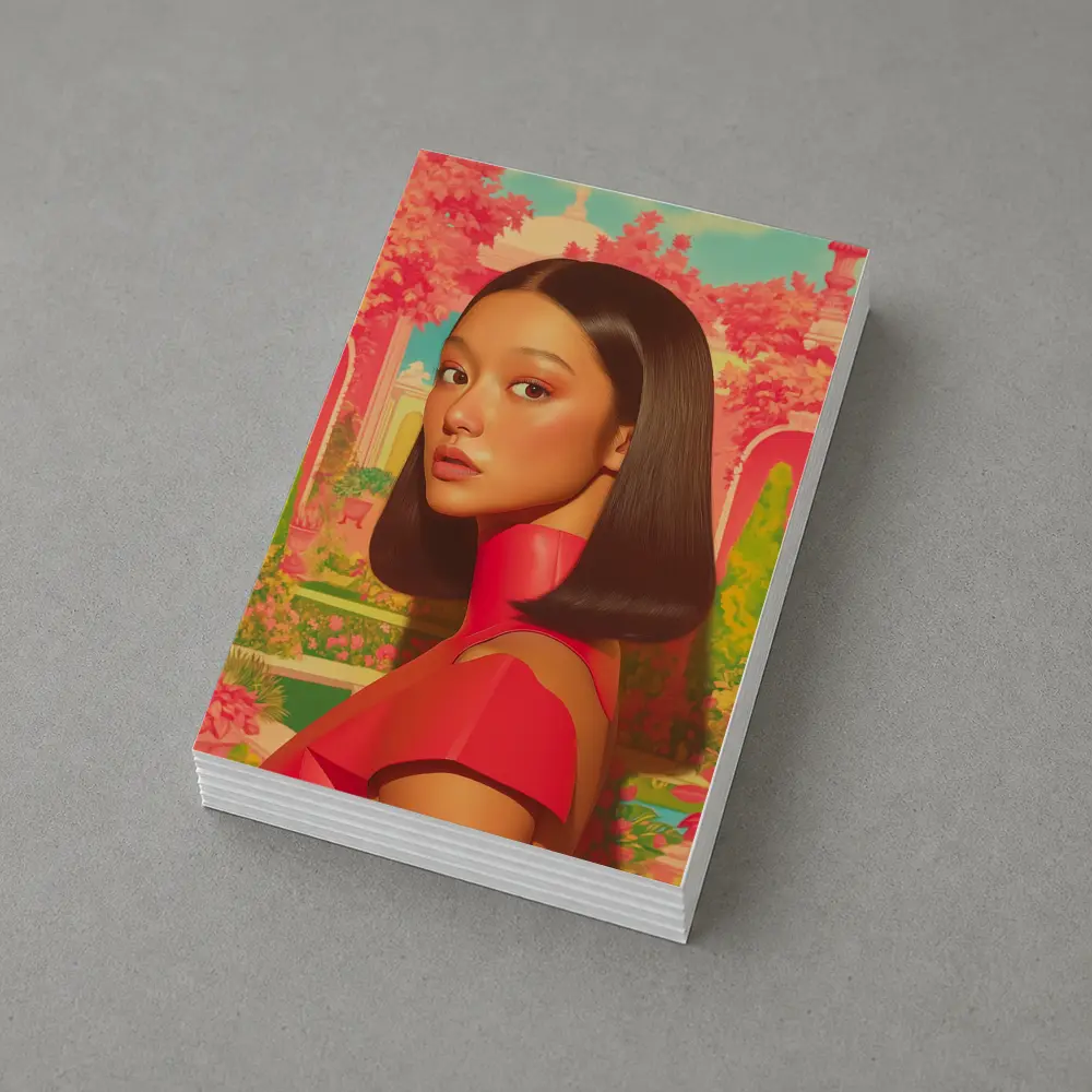 Asian Woman Portrait Pink Garden Illustration Art – Postcards