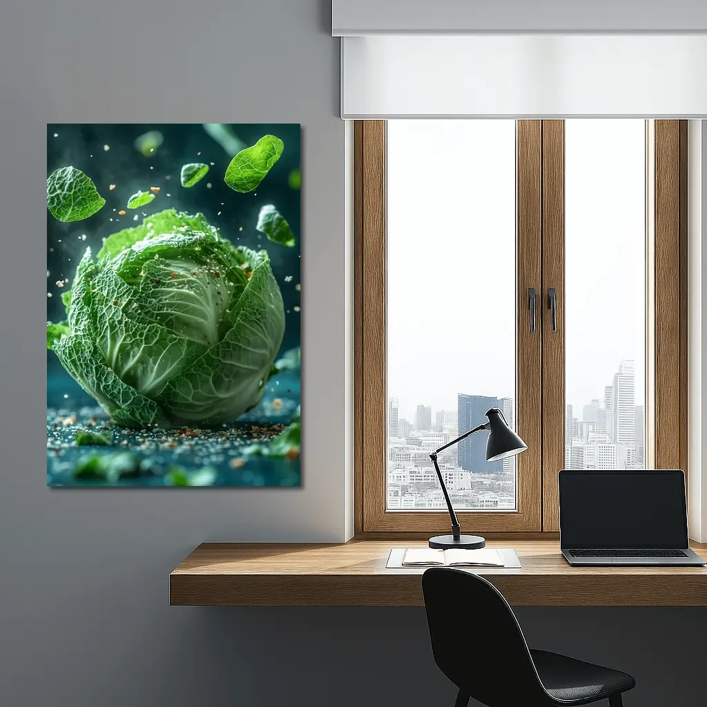 Fresh Green Cabbage Floating Dark Background – Wall Art