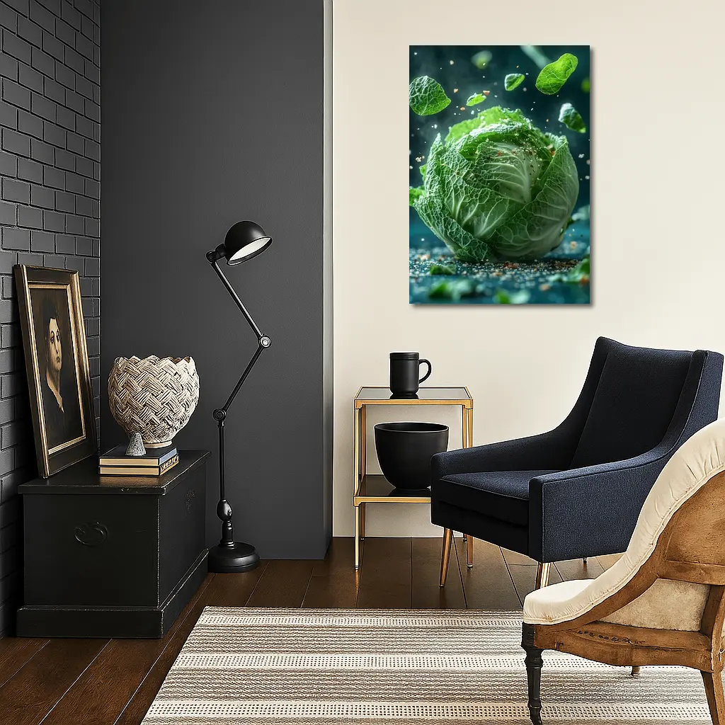 Fresh Green Cabbage Floating Dark Background – Wall Art