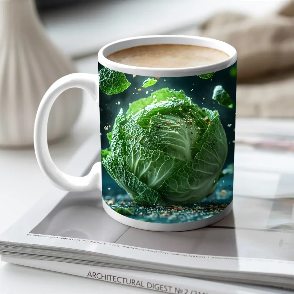Fresh Green Cabbage Floating Dark Background – Mugs