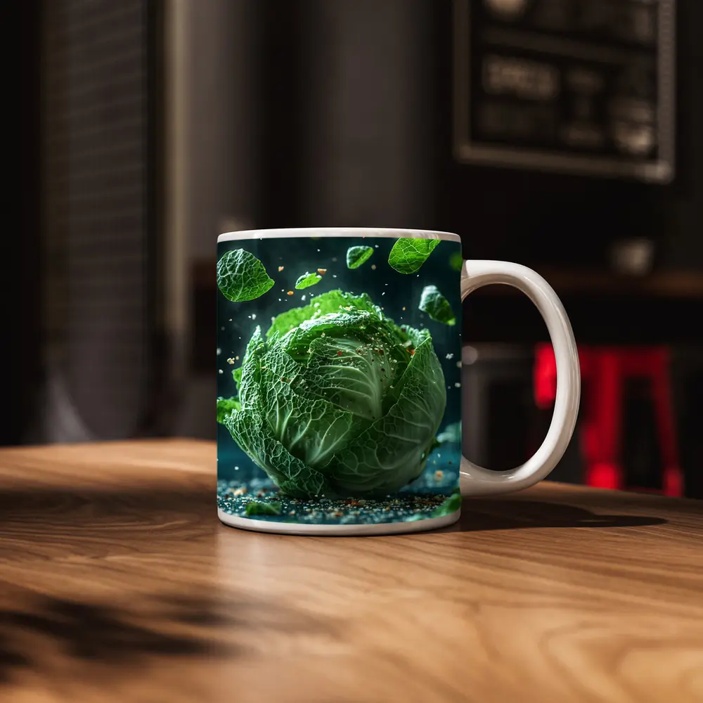 Fresh Green Cabbage Floating Dark Background – Mugs