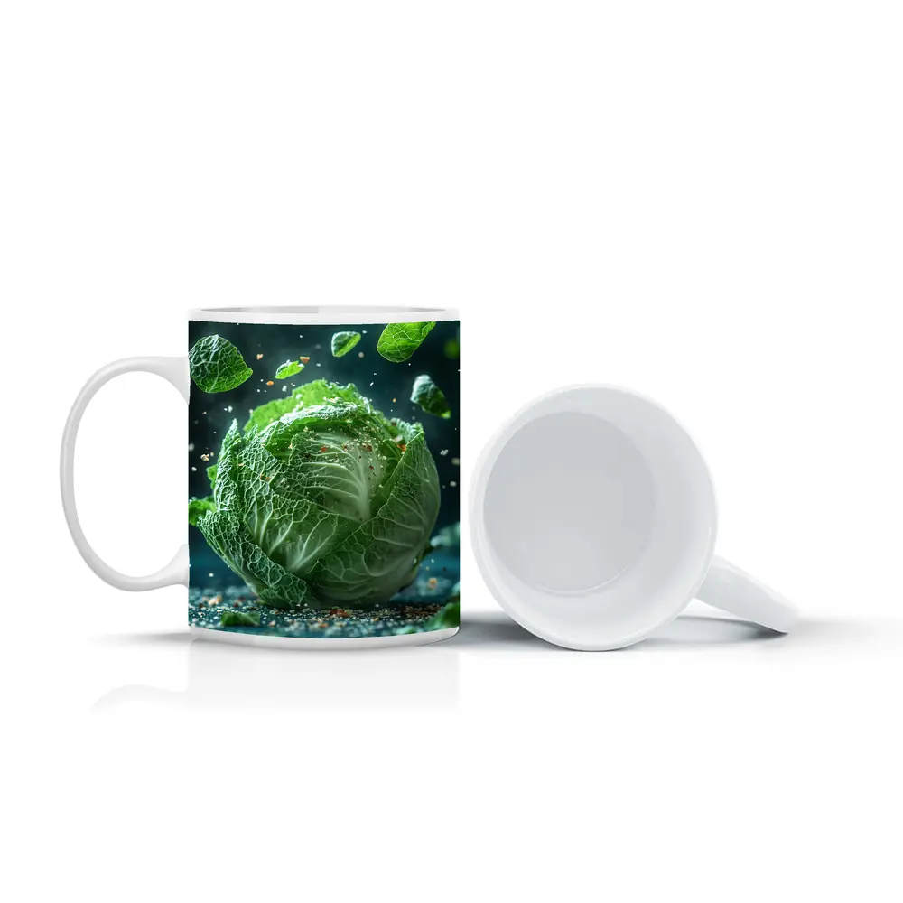 Fresh Green Cabbage Floating Dark Background – Mugs