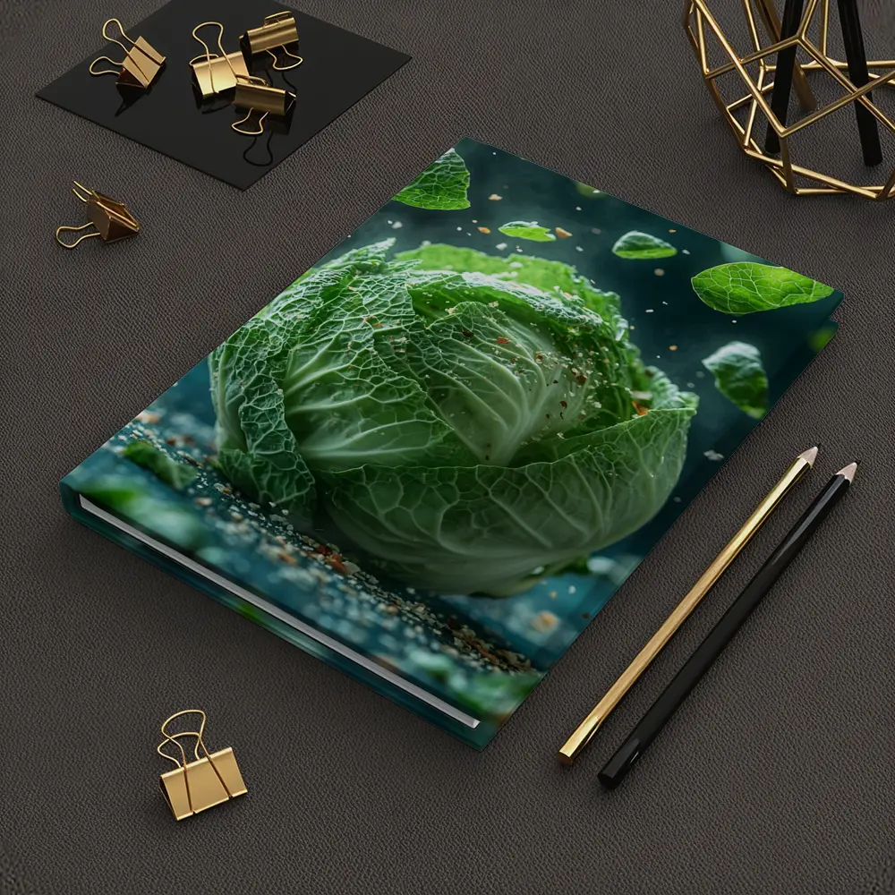 Fresh Green Cabbage Floating Dark Background – Notebooks