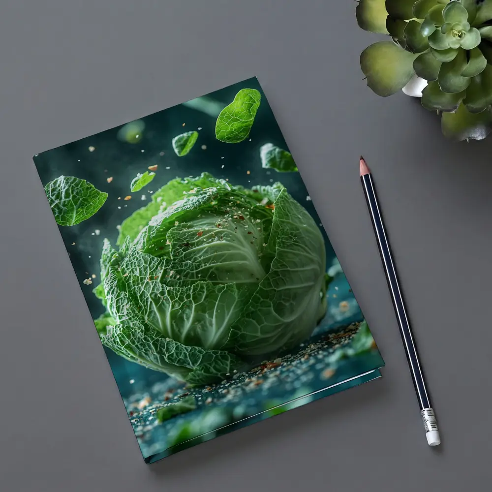 Fresh Green Cabbage Floating Dark Background – Notebooks