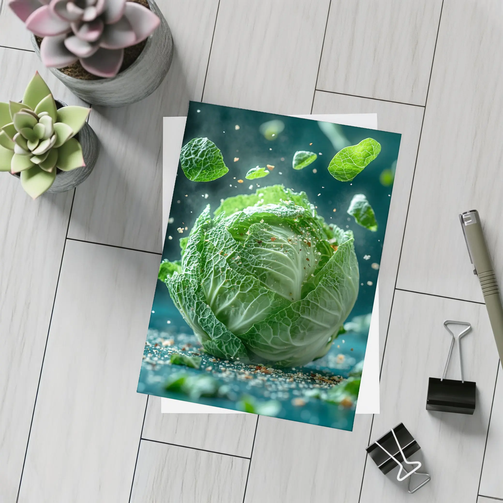 Fresh Green Cabbage Floating Dark Background – Postcards