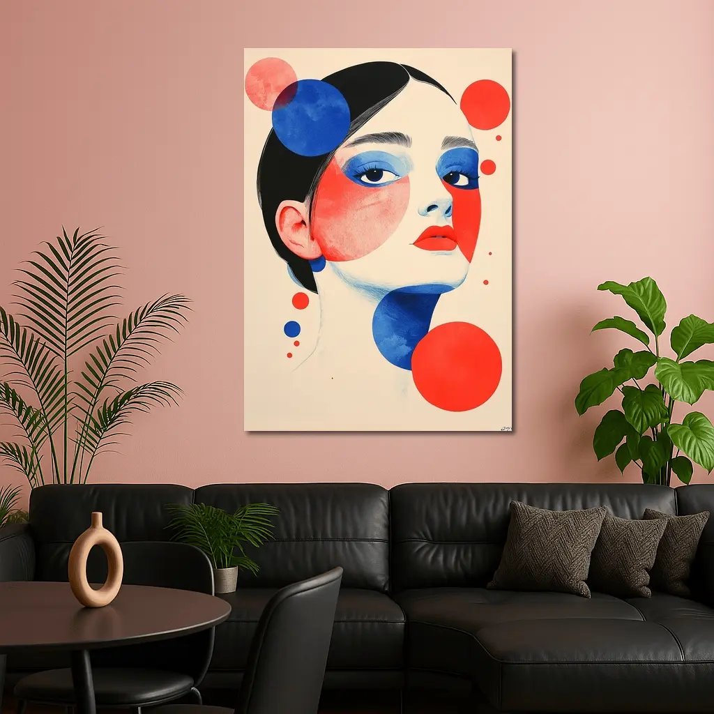 Abstract Woman Portrait Red Blue Geometric Circles – Wall Art
