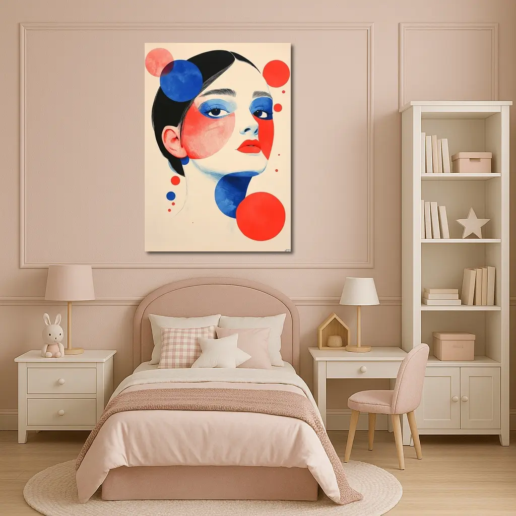Abstract Woman Portrait Red Blue Geometric Circles – Wall Art