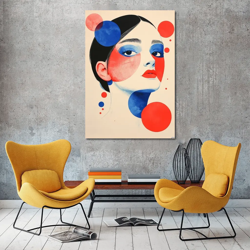 Abstract Woman Portrait Red Blue Geometric Circles – Wall Art