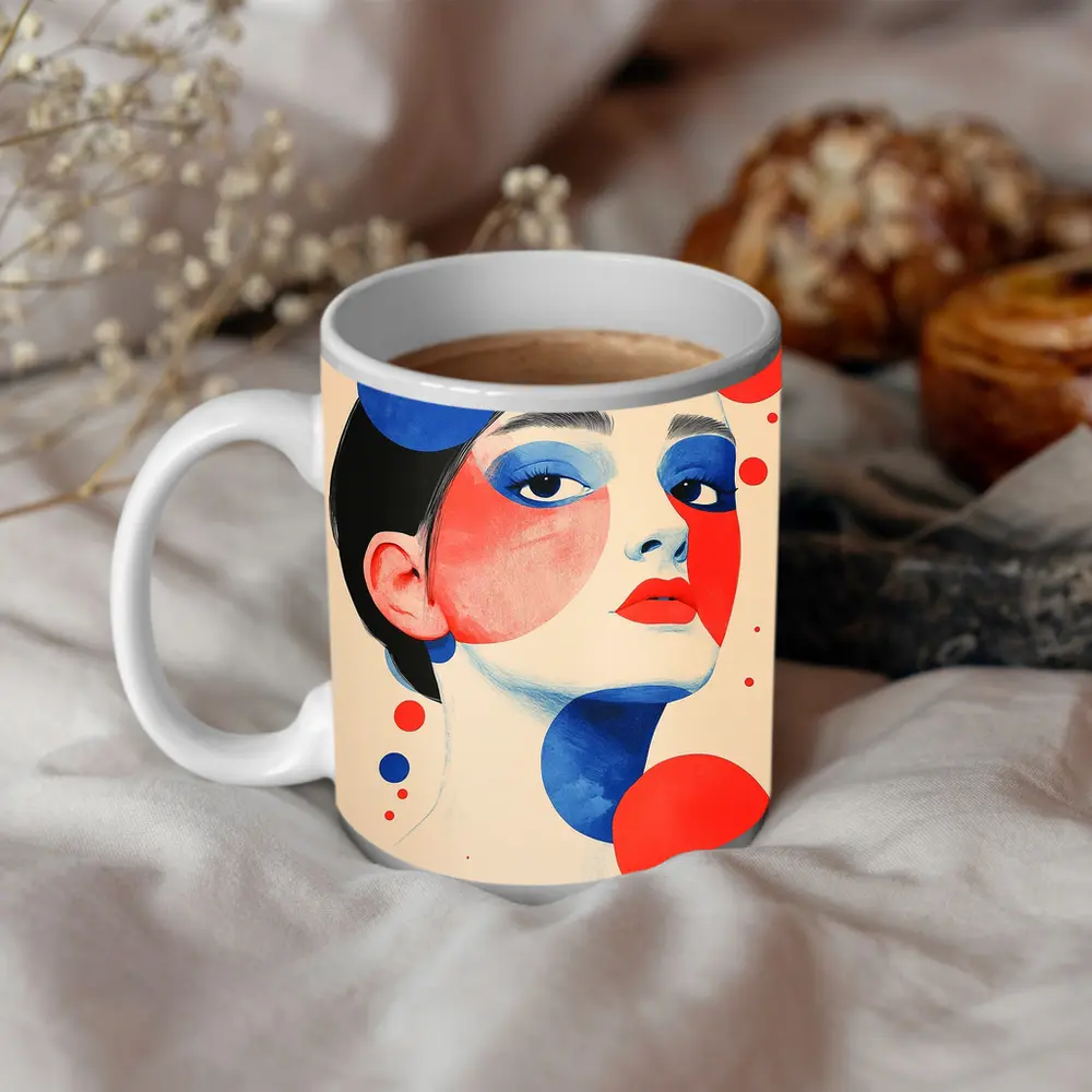 Abstract Woman Portrait Red Blue Geometric Circles – Mugs