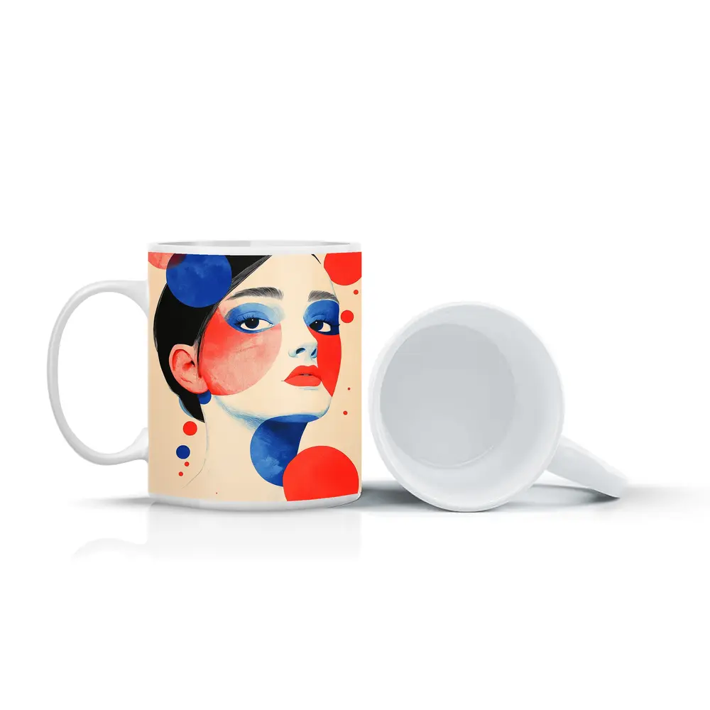 Abstract Woman Portrait Red Blue Geometric Circles – Mugs