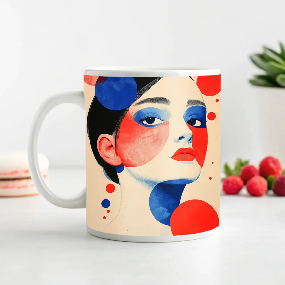 Abstract Woman Portrait Red Blue Geometric Circles – Mugs
