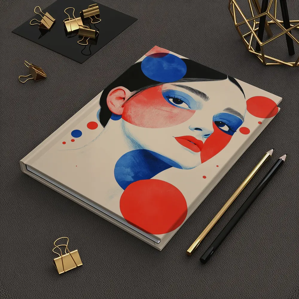 Abstract Woman Portrait Red Blue Geometric Circles – Notebooks