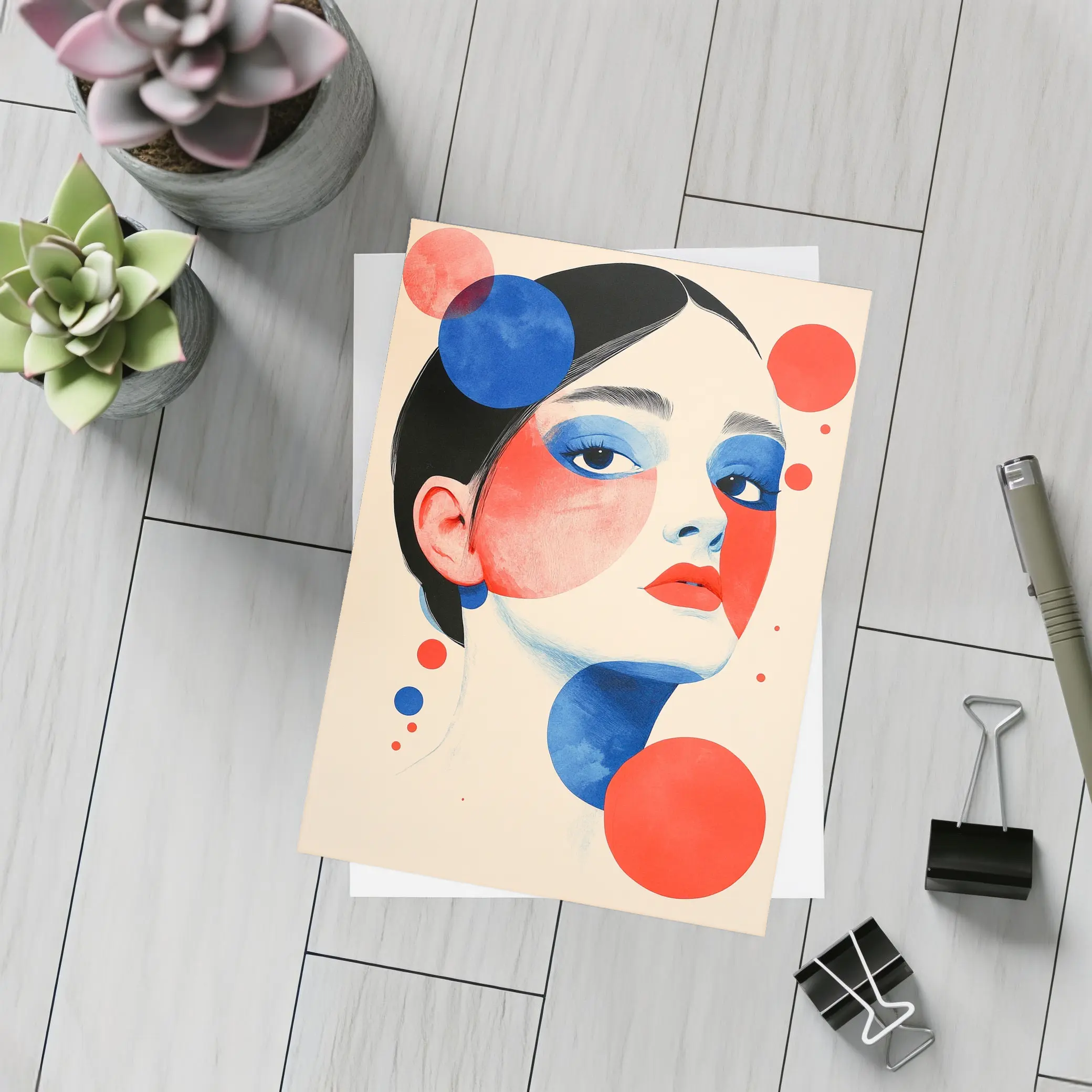 Abstract Woman Portrait Red Blue Geometric Circles – Postcards