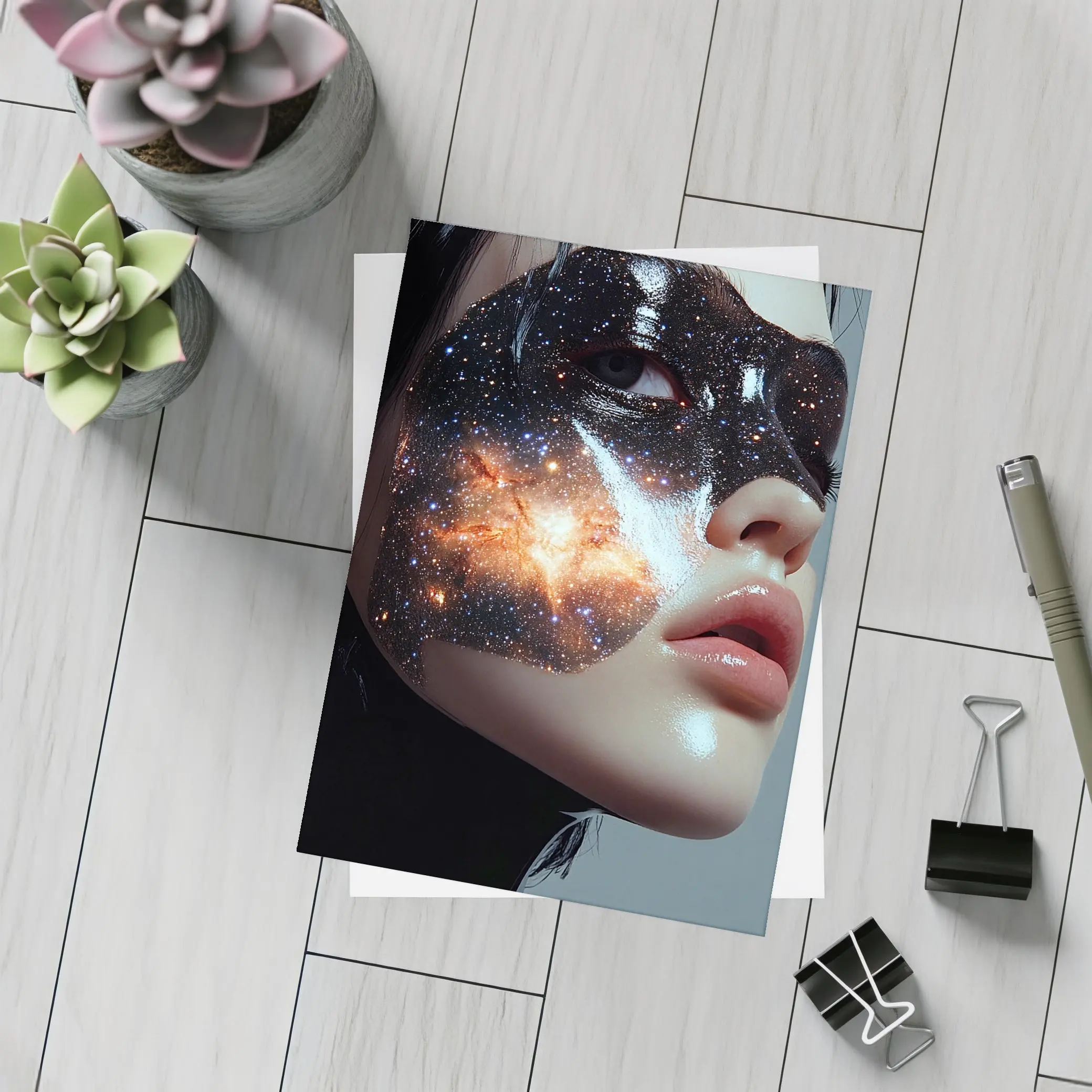 Woman Face Galaxy Mask Space Art – Postcards