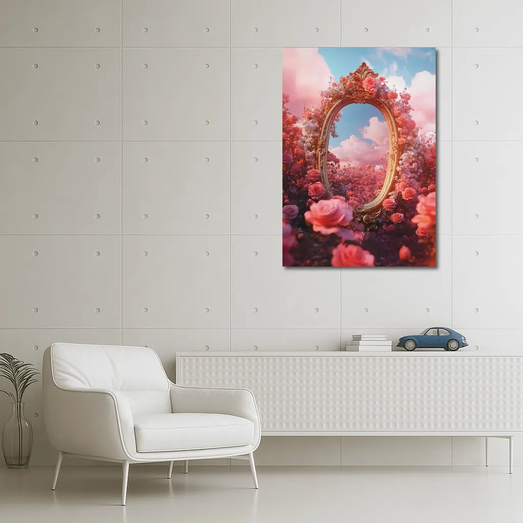 Gold Ornate Mirror Roses Pink Sky – Wall Art