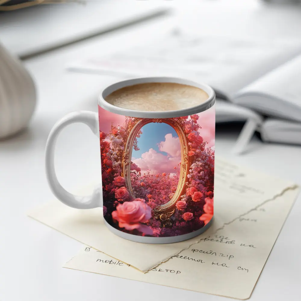 Gold Ornate Mirror Roses Pink Sky – Mugs
