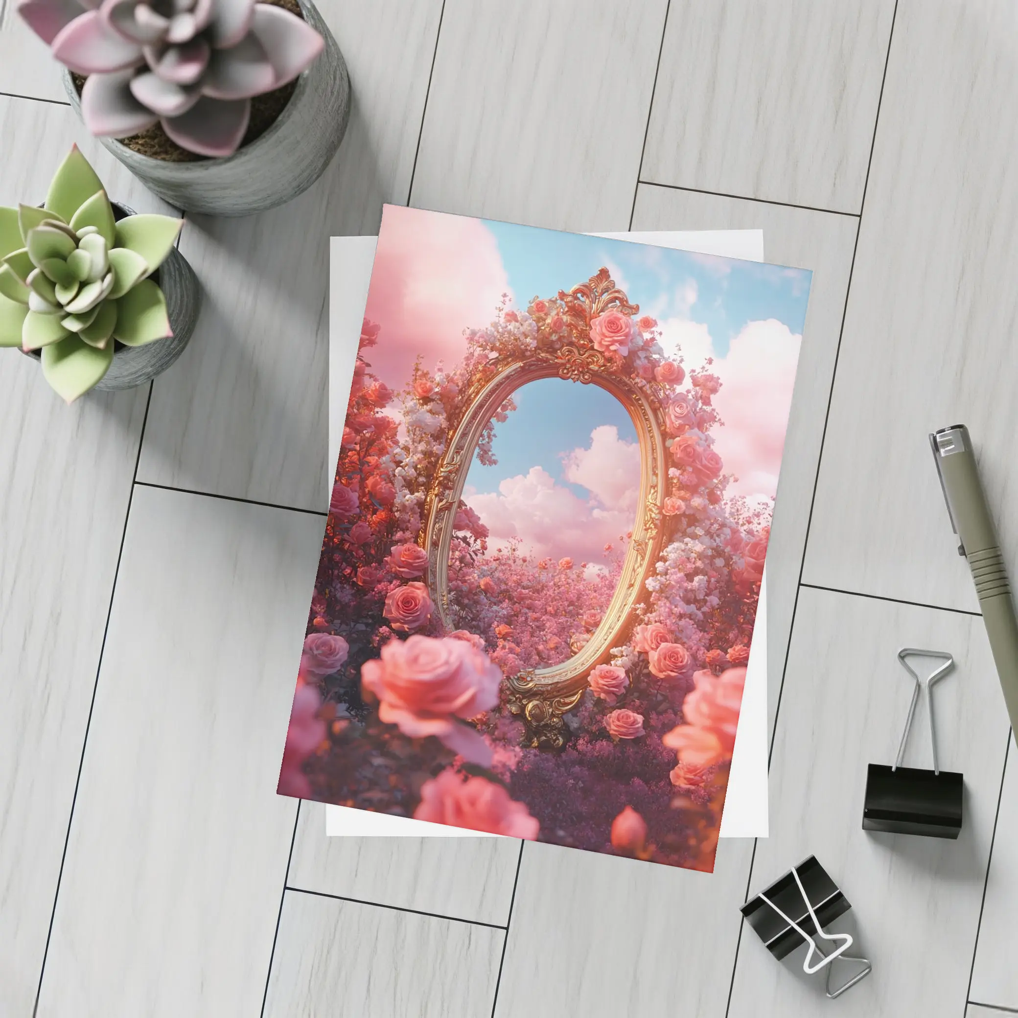 Gold Ornate Mirror Roses Pink Sky – Postcards
