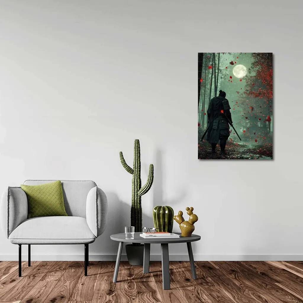 Samurai Warrior Moon Forest Red Petals – Wall Art