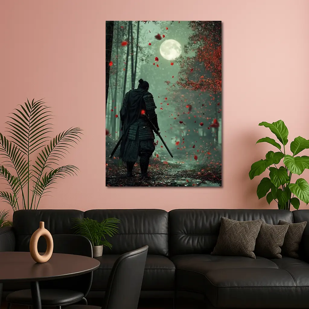 Samurai Warrior Moon Forest Red Petals – Wall Art