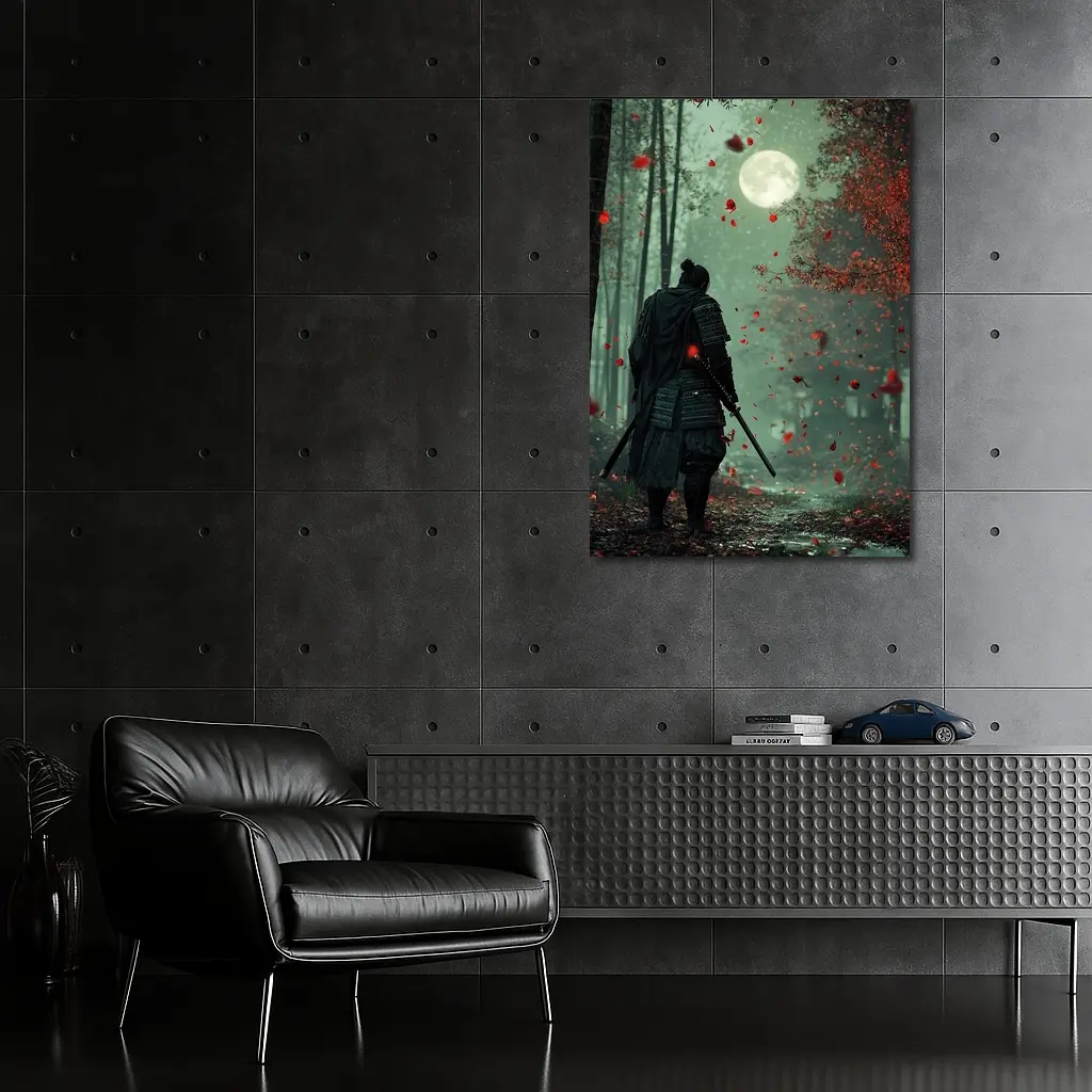 Samurai Warrior Moon Forest Red Petals – Wall Art