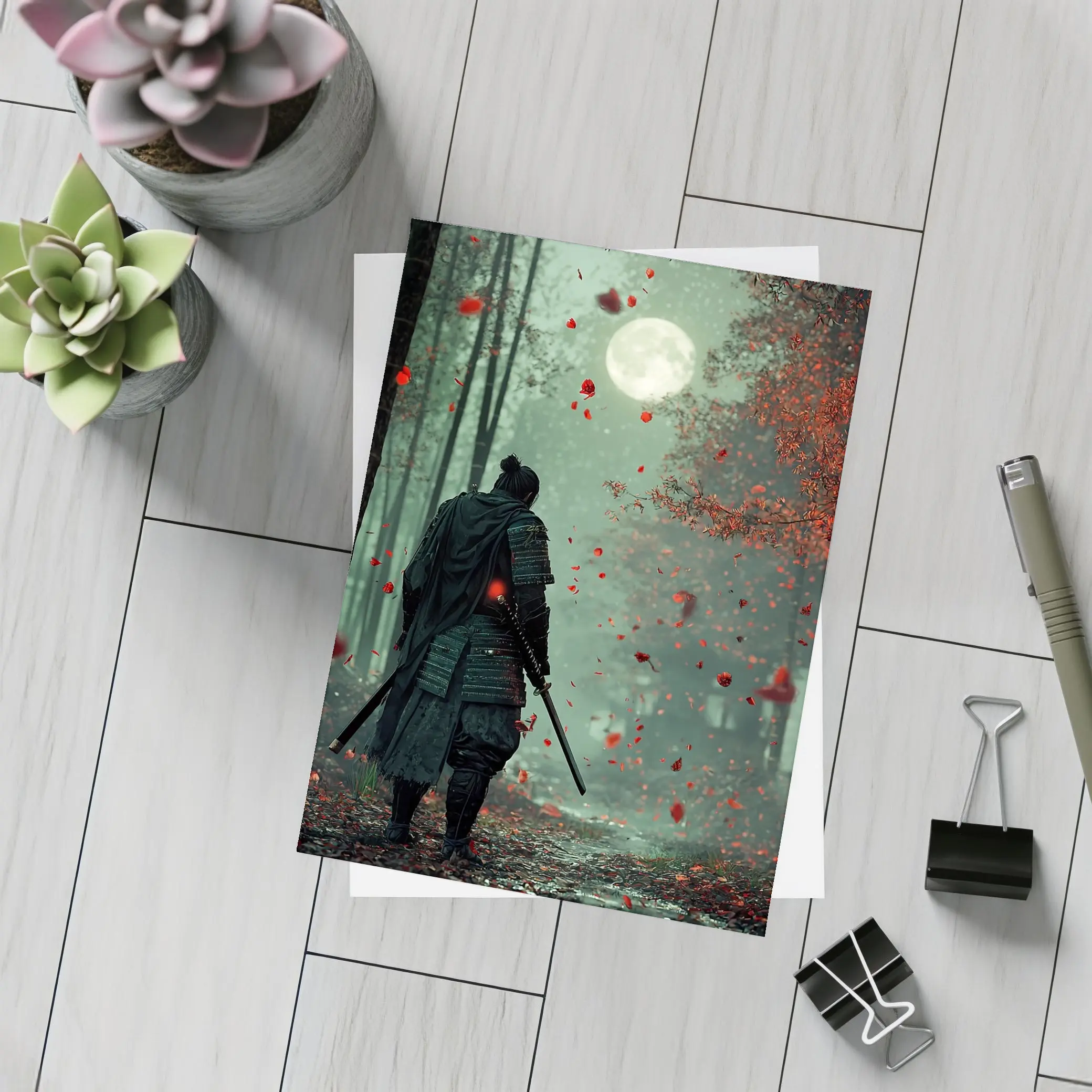 Samurai Warrior Moon Forest Red Petals – Postcards