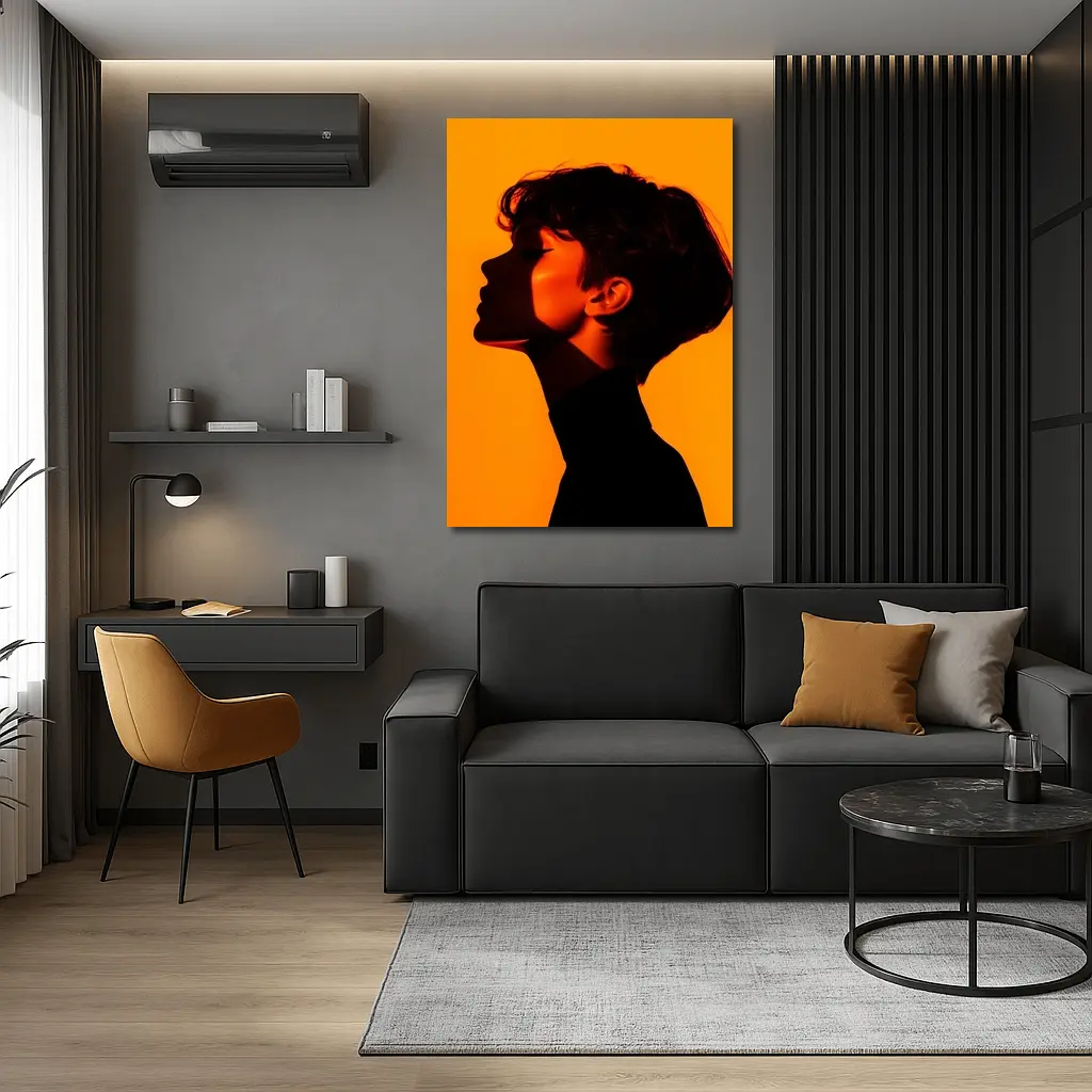 Woman Silhouette Profile Portrait Orange Background – Wall Art
