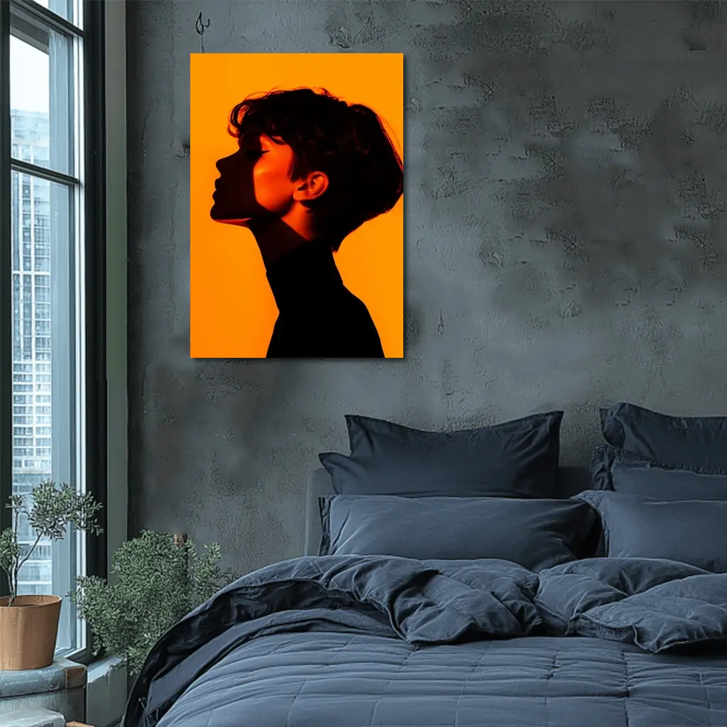 Woman Silhouette Profile Portrait Orange Background – Wall Art