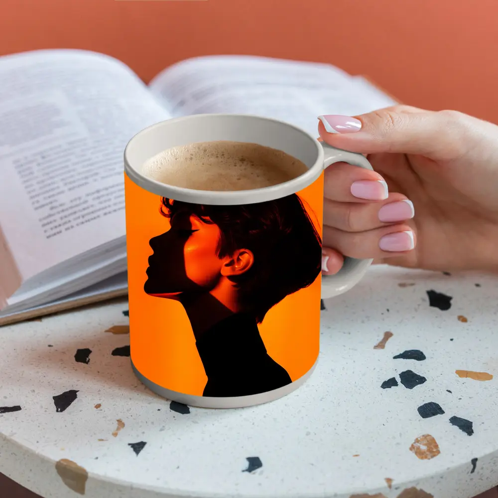 Woman Silhouette Profile Portrait Orange Background – Mugs