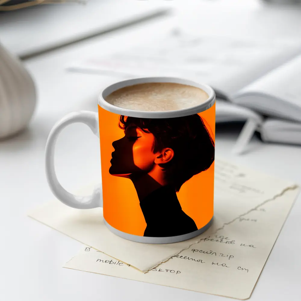 Woman Silhouette Profile Portrait Orange Background – Mugs