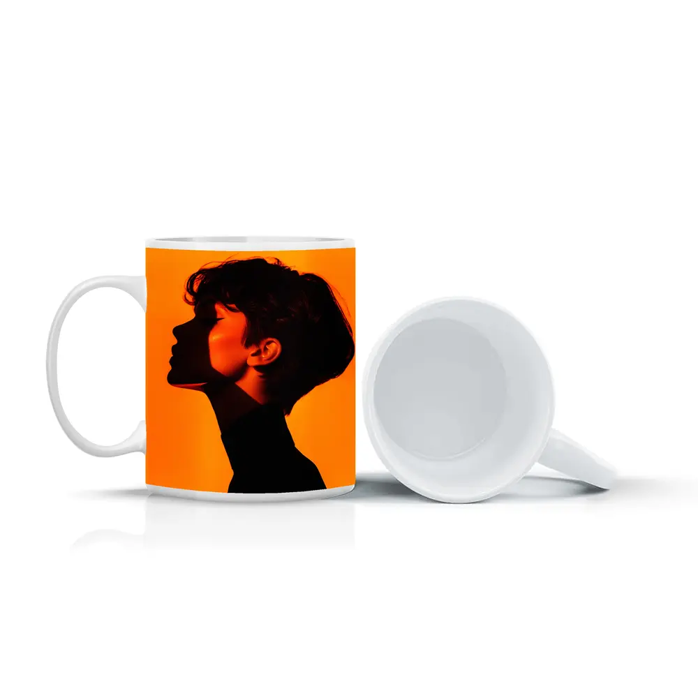 Woman Silhouette Profile Portrait Orange Background – Mugs