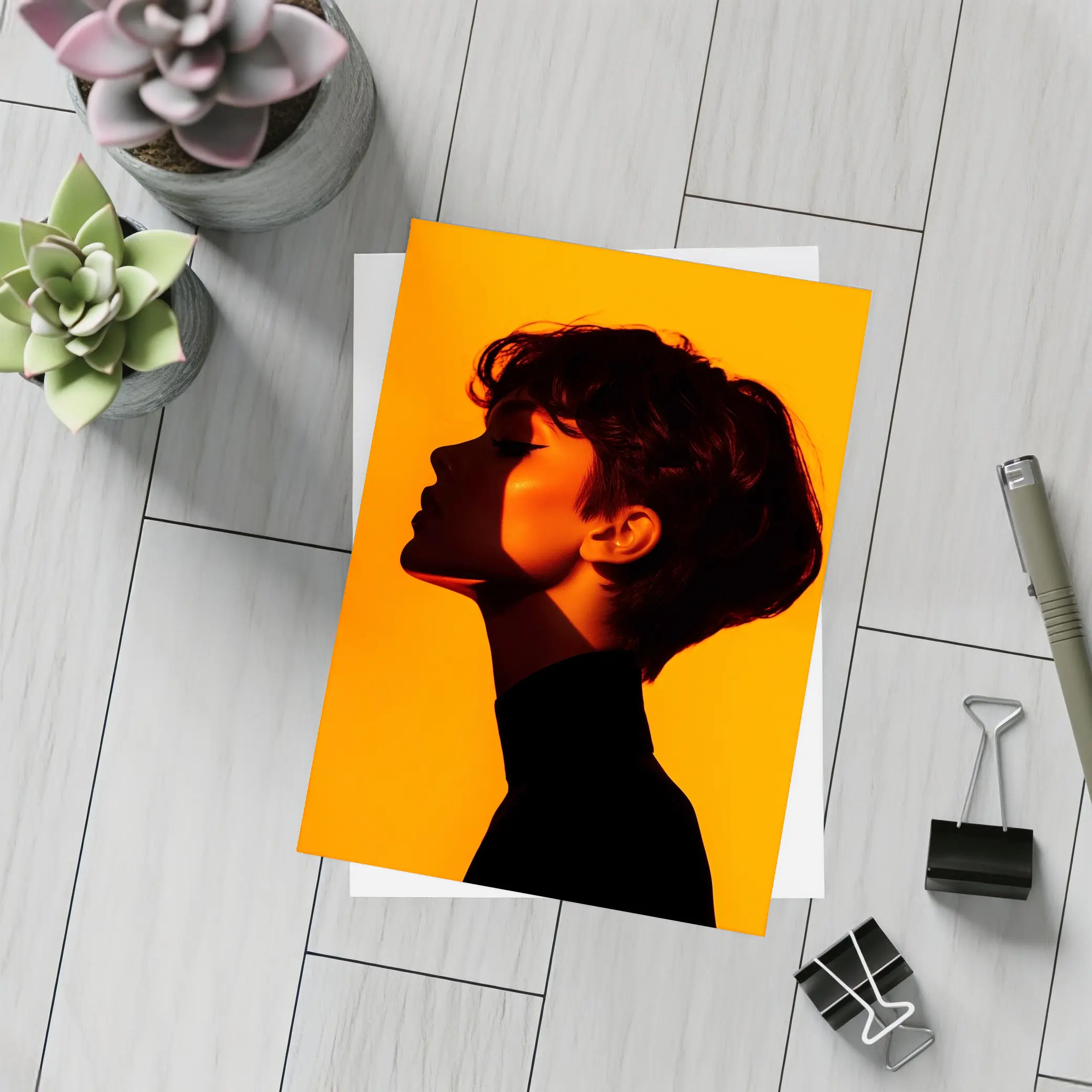 Woman Silhouette Profile Portrait Orange Background – Postcards