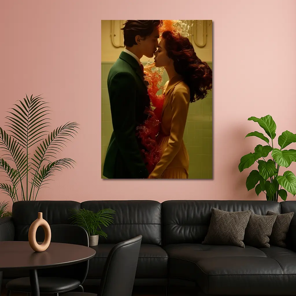 Couple Kissing Fire Water Surreal Romance – Wall Art