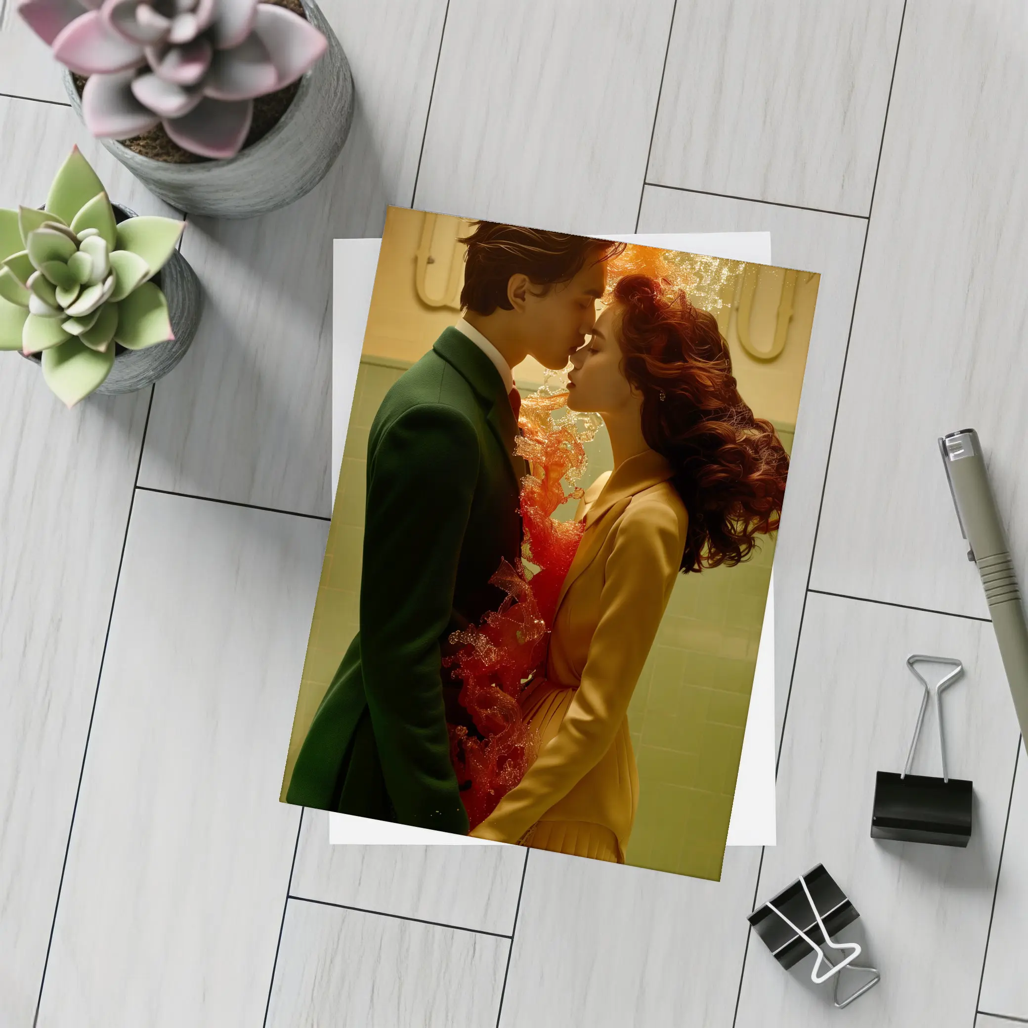 Couple Kissing Fire Water Surreal Romance – Postcards