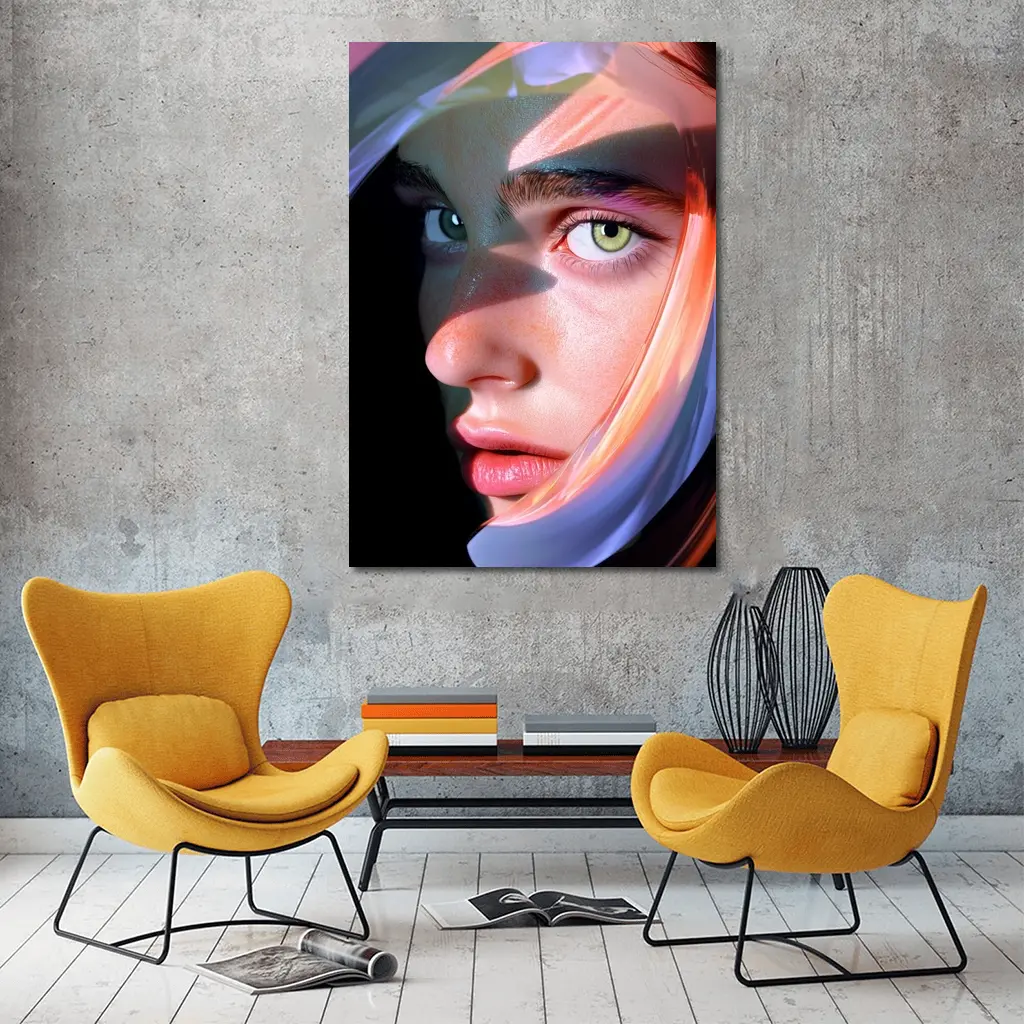Surreal Woman Face Neon Glow Dark Background – Wall Art