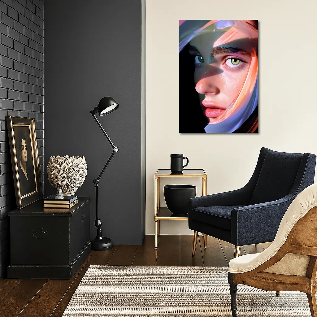 Surreal Woman Face Neon Glow Dark Background – Wall Art