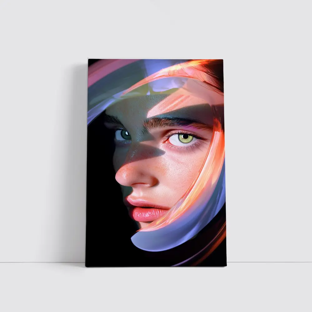 Surreal Woman Face Neon Glow Dark Background – Wall Art