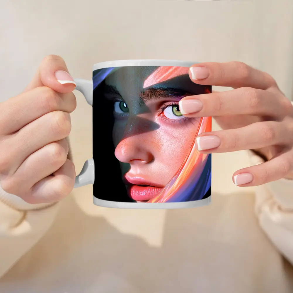 Surreal Woman Face Neon Glow Dark Background – Mugs