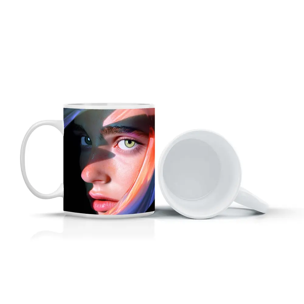 Surreal Woman Face Neon Glow Dark Background – Mugs