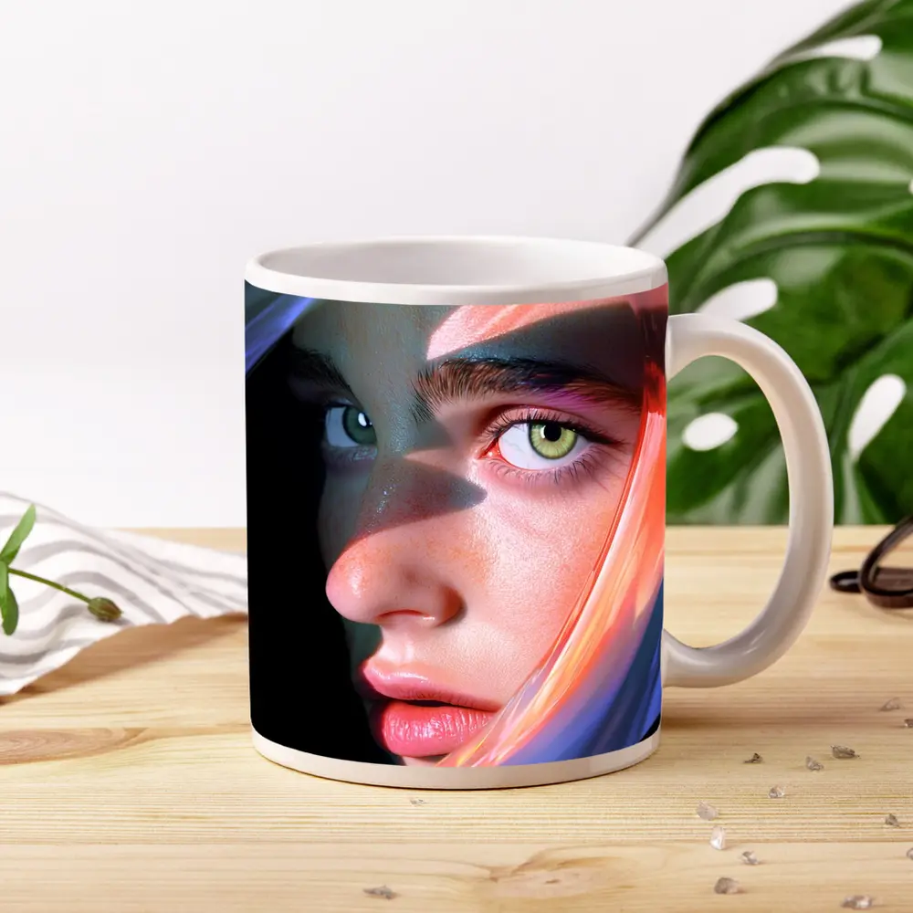 Surreal Woman Face Neon Glow Dark Background – Mugs