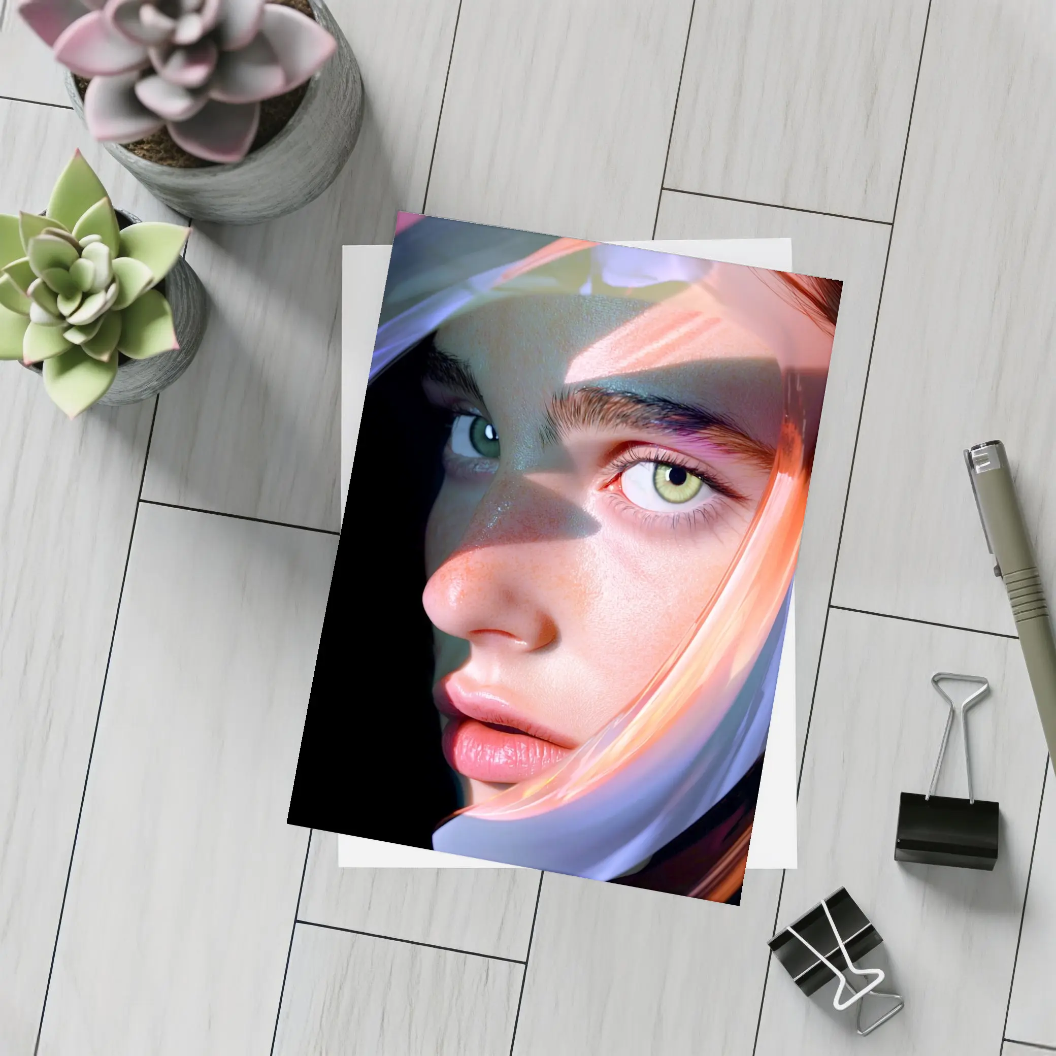 Surreal Woman Face Neon Glow Dark Background – Postcards