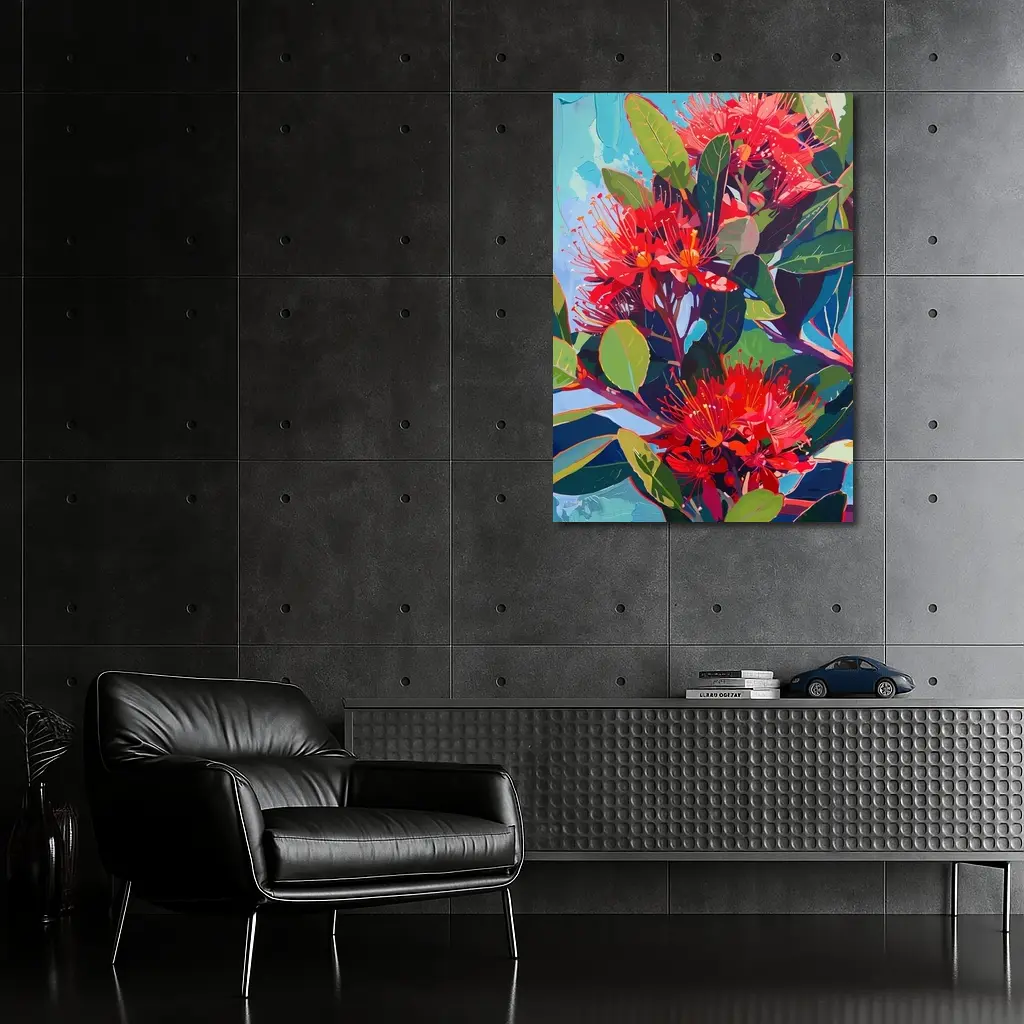 Red Pohutukawa Flowers Blue Sky Painting – Wall Art