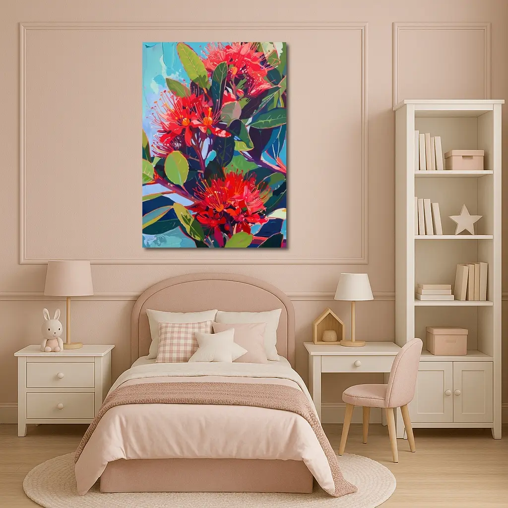 Red Pohutukawa Flowers Blue Sky Painting – Wall Art
