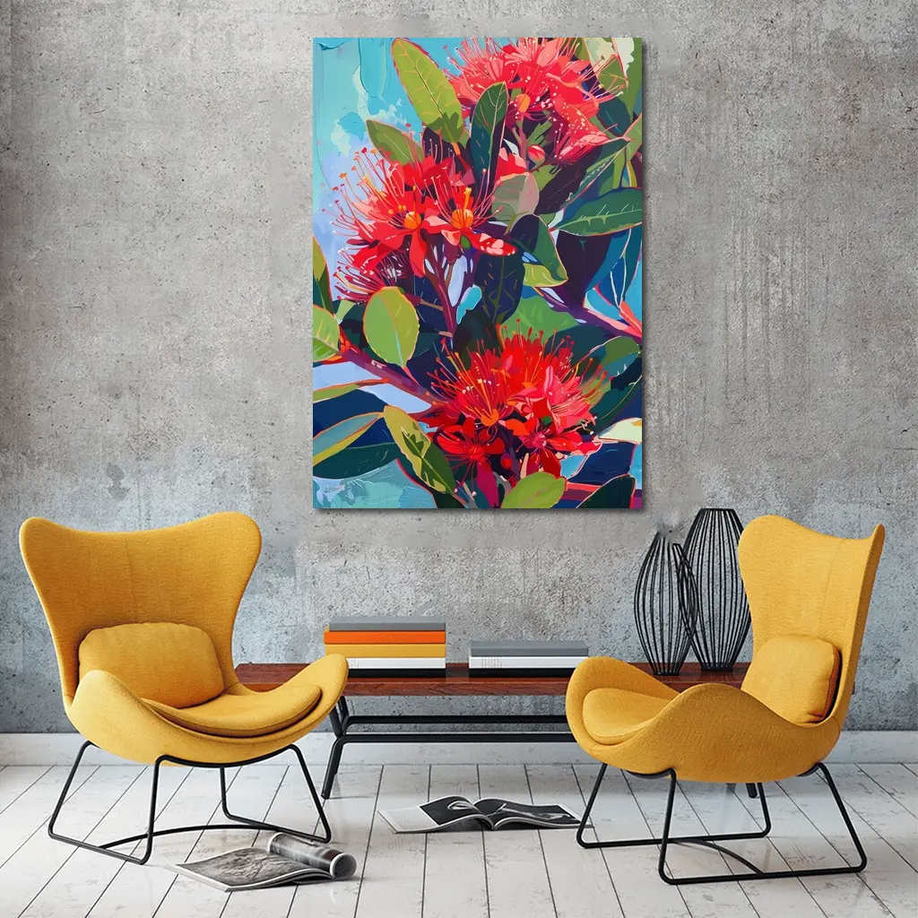 Red Pohutukawa Flowers Blue Sky Painting – Wall Art
