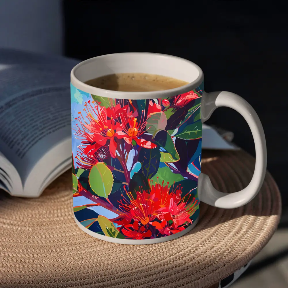 Red Pohutukawa Flowers Blue Sky Painting – Mugs