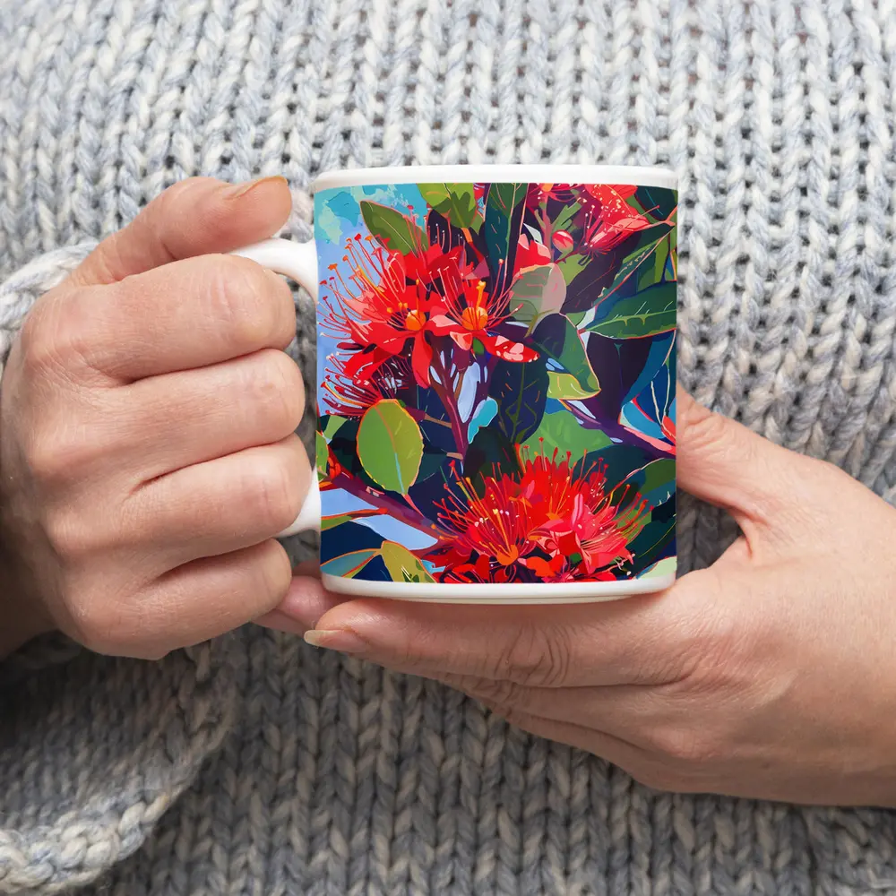 Red Pohutukawa Flowers Blue Sky Painting – Mugs