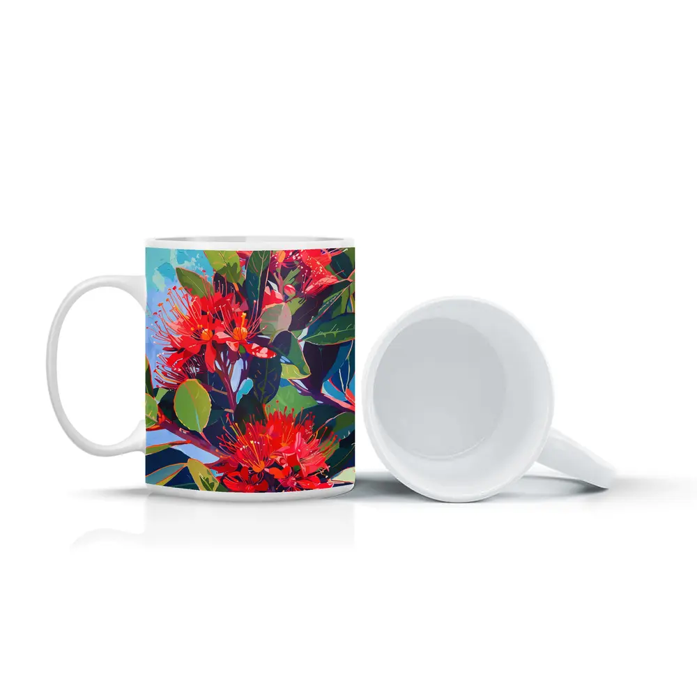 Red Pohutukawa Flowers Blue Sky Painting – Mugs