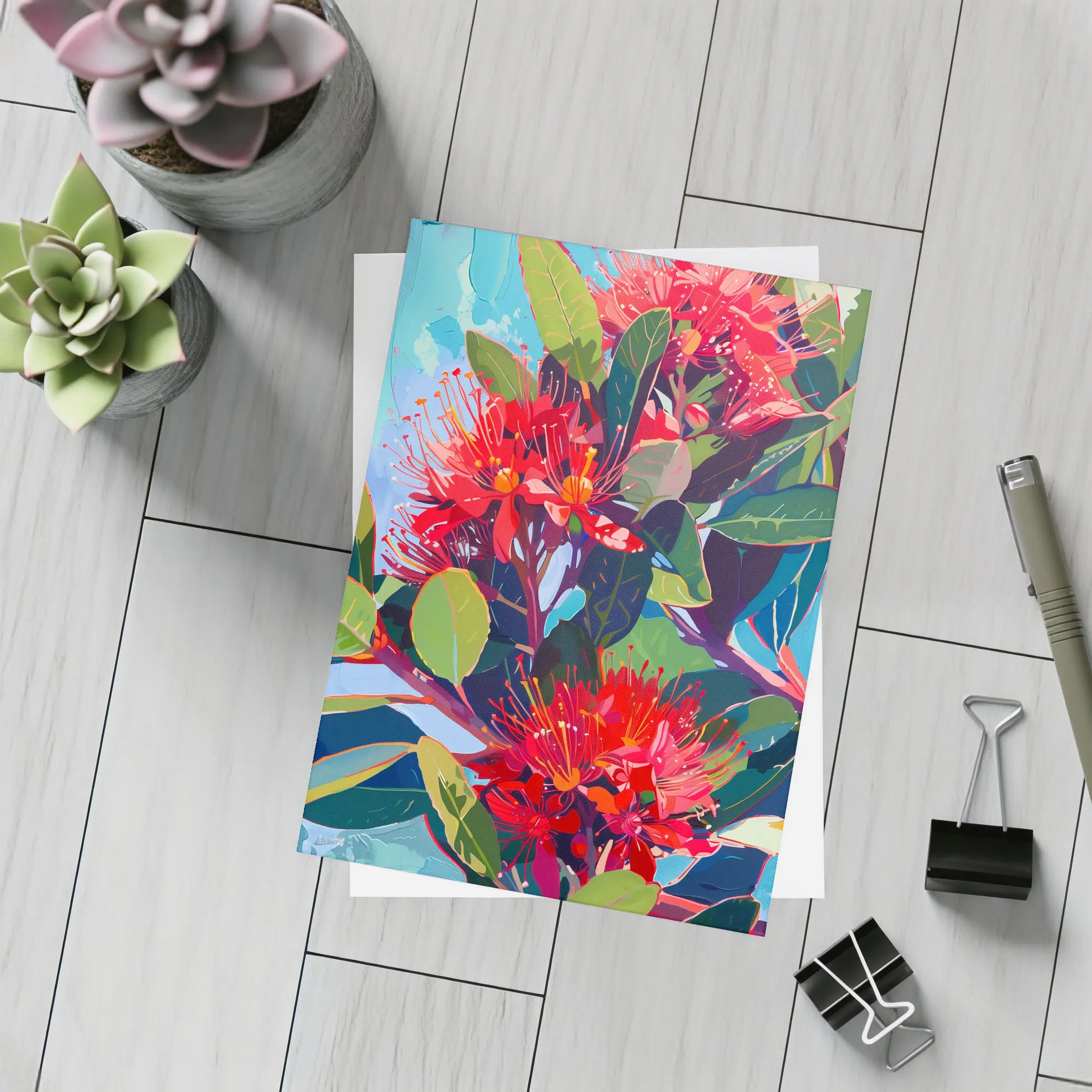 Red Pohutukawa Flowers Blue Sky Painting – Postcards