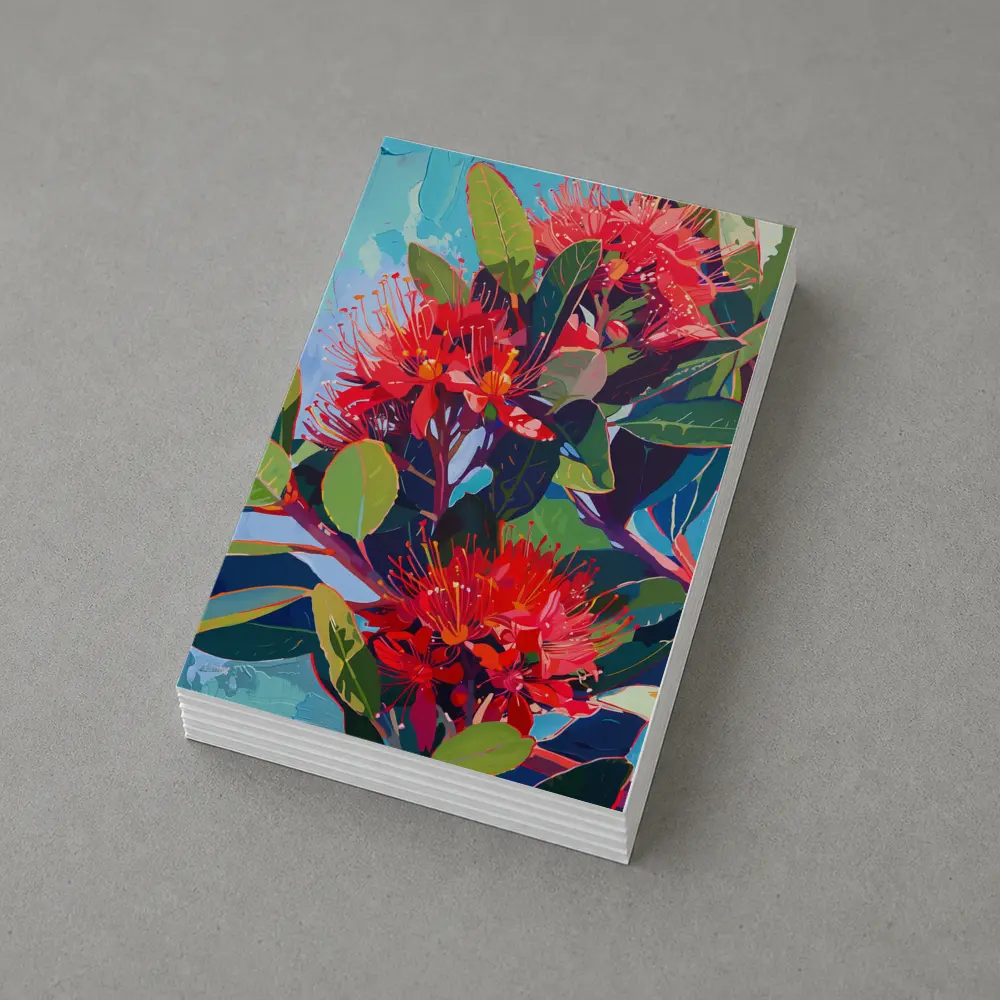 Red Pohutukawa Flowers Blue Sky Painting – Postcards
