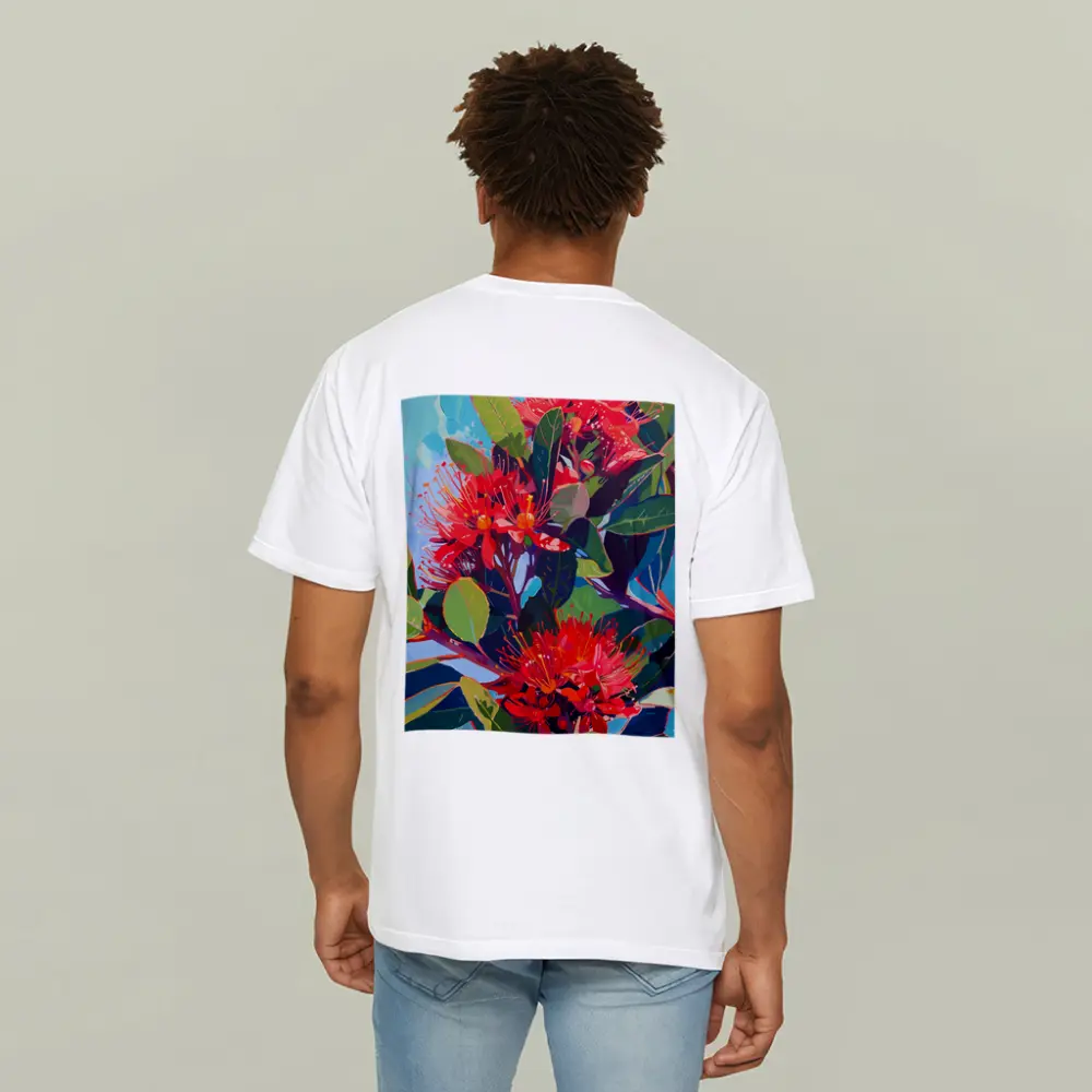 Red Pohutukawa Flowers Blue Sky Painting – T-Shirts