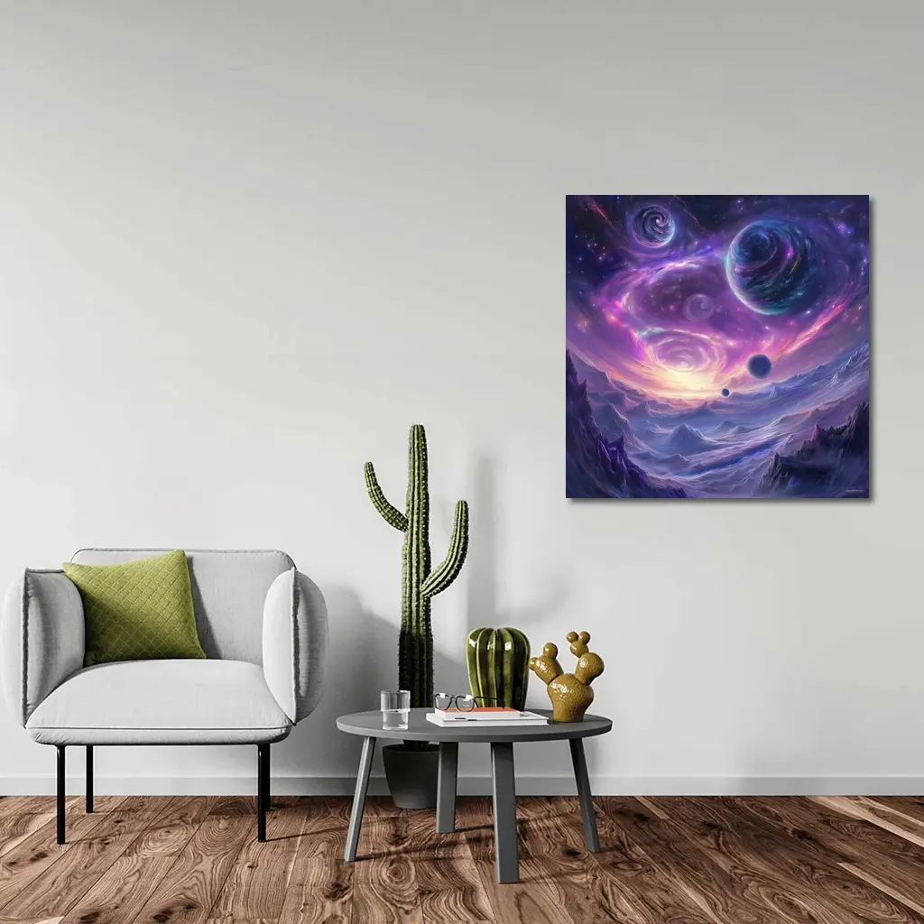 Fantasy Space Planets Purple Galaxy Mountains Art – Wall Art